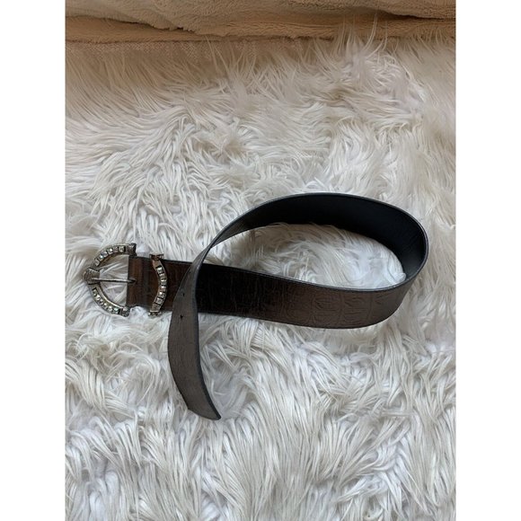 Women’s Leather belt metallic gray silver big buckle gems sparkle chunky - Picture 1 of 7